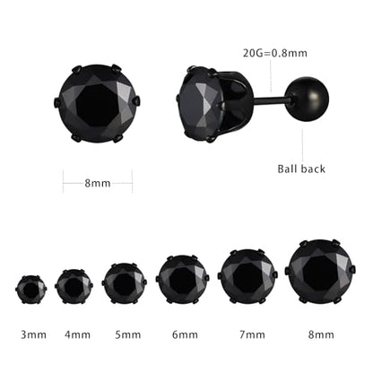 VOLUKA Cubic Zirconia Stainless Steel Screw Flat Back Earring - Hypoallergenic Stud Earrings for Women & Men - 316L Titanium CZ Stud Earrings for Nickel-Free, Trendy & Elegant - color: 6 Pairs- 3-8mm Ball Back -Black