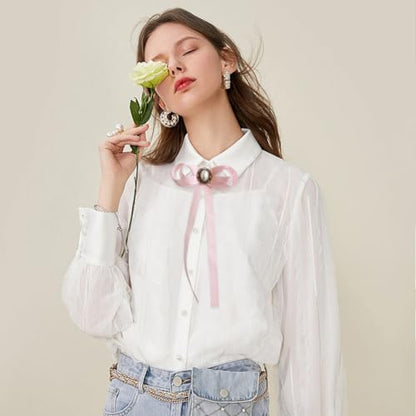 FASELE JKQBUX Women's Brooch Pin pearl Jk preppy style Pre Neck Tie Wedding Party Bow for Women Student Bow Tie accessory - color: Pink
