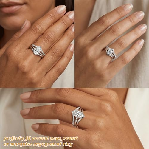 Gelbesty Silver Plated Chevron Ring for Women, Stackable V Shaped Curved Wedding Band 2Pcs Set, Pave CZ Wishbone Ring Enhancer Fits Pear & Solitaire Engagement Rings Jewelry Gift Size 6 7 8 9 10 11 - size: 10