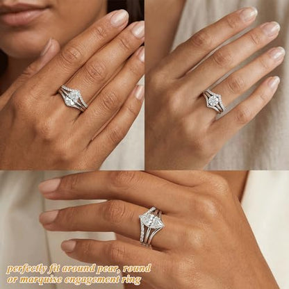 Gelbesty Silver Plated Chevron Ring for Women, Stackable V Shaped Curved Wedding Band 2Pcs Set, Pave CZ Wishbone Ring Enhancer Fits Pear & Solitaire Engagement Rings Jewelry Gift Size 6 7 8 9 10 11 - size: 6