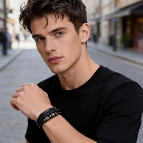 Italian Handmade Leather Bracelets for Men - color: Pure Black, size: 8.2"