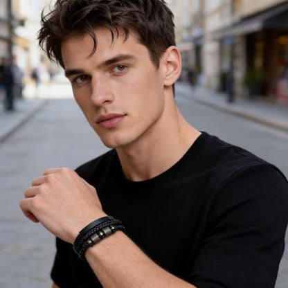 Italian Handmade Leather Bracelets for Men - color: Pure Black, size: 8.2"