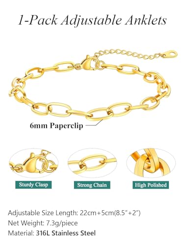 FaithHeart Waterproof Ankle Bracelets for Women, 1/2/3Pcs Non Tarnish Stainless Steel Layered Anklet Set Paperclip Figaro Cuban Link Chain Dainty Summer Beach Jewelry Gift Adjustable Size - style: c.Paperclip - Gold