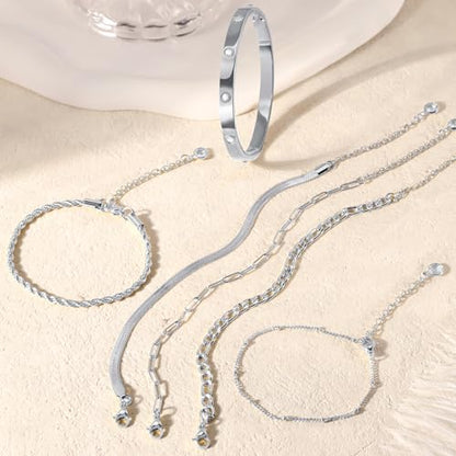 MOINSPIRE Bracelets for Women Non Tarnish, Dainty 18K Gold Plated Bracelets Stack Trendy Waterproof Stackable Bangles, Cuban Link Paperclip Chain Jewelry Set Fashion Accessories Gifts for Women - color: A4-Silver Clip Bead + Bracelet