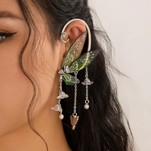 Ear Cuffs for Women, Hook without Pierced Ear Bone Clip Climber Earrings, Butterfly Shaped Ear Clip Wrap Around Earring No Piercing Cuff Earrings for Women - color: Green
