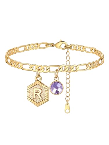 Custom4U Personalized Initial Ankle Bracelets for Women 14K Gold Plated Dainty CZ Birthstone Hexagon Letter Initial Anklets for Women Adjustable Silver/Gold Foot Chain Summer Beach Jewelry Gifts - color: Gold Hexagon-R