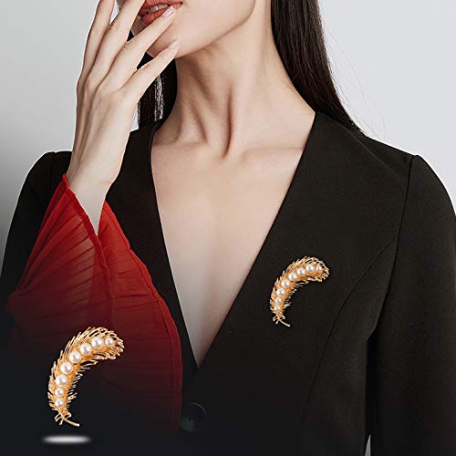 Pearl Diamond Brooch Pins for Dress Sweater Scarf, Wedding Party Decoration Birthday Christmas Gift - style: Feather (Gold)