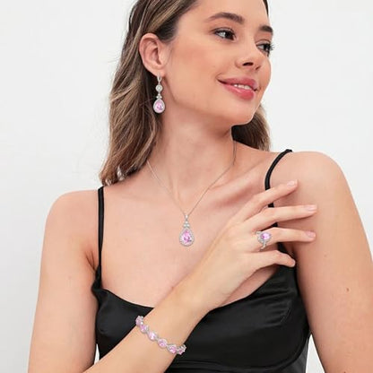 Crysdue Wedding Bridal Teardrop CZ Pendant Necklace Open Ring Dangle Earrings Adjustable Slider Bracelet Jewelry Set, Birthday Mothers Day Christmas Jewellery Gift for Women/Mom/Wife - style: 03-4 pcs Round&Teardrop- Pink Silver-Tone