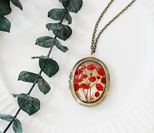 Handmade Oval Shaped Photo Locket with dried Pressed Flowers Locket pendant Necklace - style: Red Baby's Breath