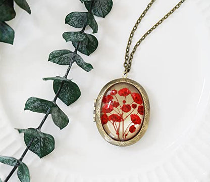 Handmade Oval Shaped Photo Locket with dried Pressed Flowers Locket pendant Necklace - style: Red Baby's Breath