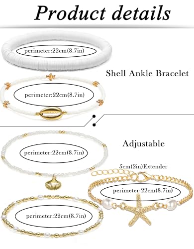Shell Ankle Bracelet For Women Boho Beaded Seashell Starfish Conch Pearl Sea Turtle Puka Layered Gold Anklet Set Hawaiian Summer Beach Handmade Foot Jewelry Gift Set Adjustable - style: scallop
