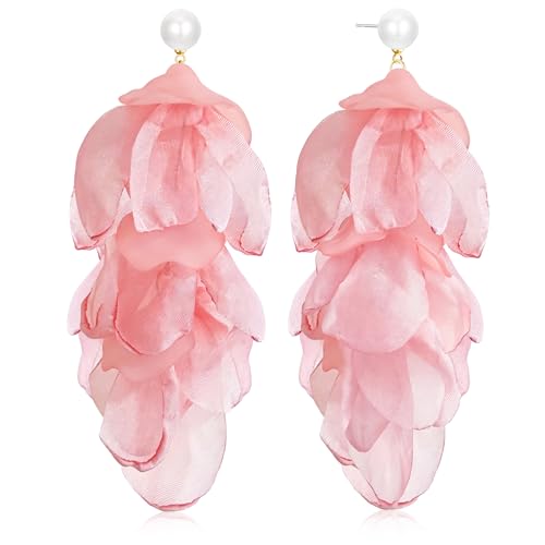 Handmade Bohemian Lightweight Fabric Flower Dangle Drop Earrings Chic Pearl Large Tassel Petal Stud Earrings For Women - color: Meat Pink
