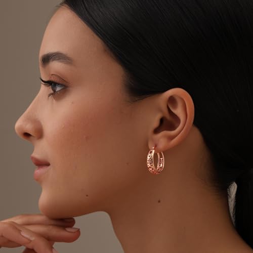 LeCalla 925 Sterling Silver Chunky Hoop Earrings | Filigree Heart Hoop Earrings for Women | Oval & Round Mesh Filigree Click-Top Hoops Earring | Hypoallergenic Earrings for Women - color: Rose Gold Oval Filigree 24MM