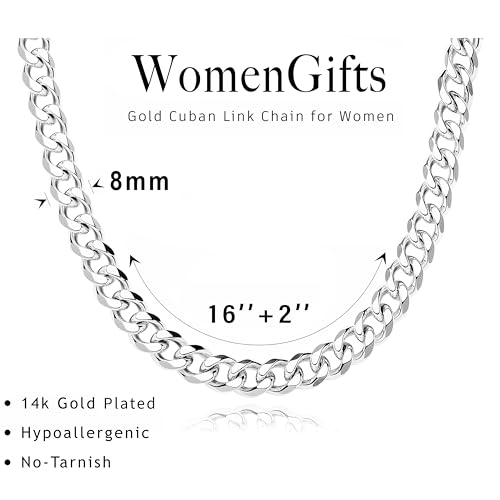 WomenGifts Cuban Link Chain Necklace for Women, Waterproof 14k Gold Silver Plated Chain Choker, Non Tarnish Stainless Steel Jewelry, 3.5/5/6/8/11mm,14/16/18 Inch Thin&Chunky&Thick - color: Silver, style: 8MM-16"