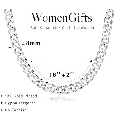 WomenGifts Cuban Link Chain Necklace for Women, Waterproof 14k Gold Silver Plated Chain Choker, Non Tarnish Stainless Steel Jewelry, 3.5/5/6/8/11mm,14/16/18 Inch Thin&Chunky&Thick - color: Silver, style: 8MM-16"