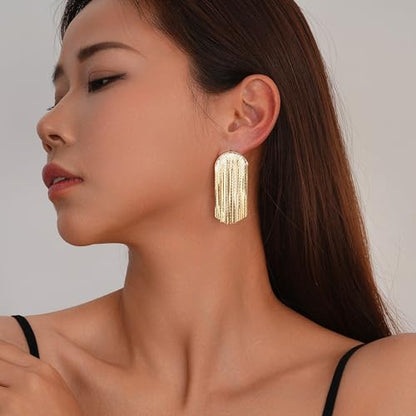 Sylph 14K 18K Gold Plated Chandelier Earrings for Women, Long Tassel Earring Huggie, Silver Leaf Dangle Drop Earrings, Dainty Bohemian Jewelry Gifts for Wedding Everyday Wear - color: C-18K Gold Plated Fringe Earrings