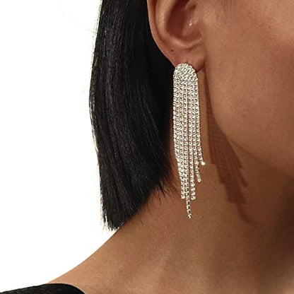 HERIER Rhinestone Earrings Dangling for Women Chandelier Statement Tassel Earrings Girls Silver Sparkly Drop Cubic Zirconia Crystal Earrings Long Dangle Costume Jewelry - color: Silver-Round Tassel