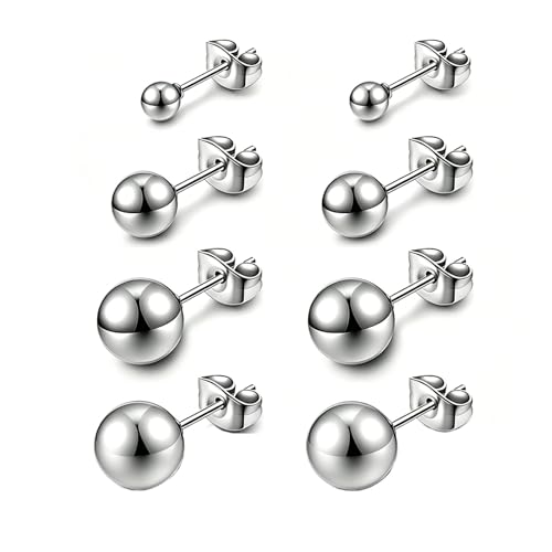 3/4 Pairs Stainless Steel Ball Stud Earrings, High Polished Round Ball Earrings Set for Women & Men 4-10mm - color: Silver