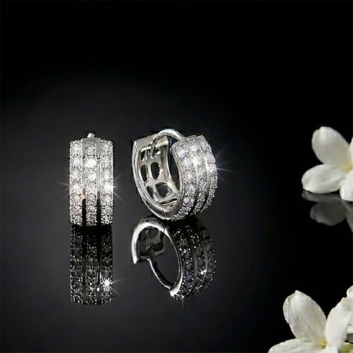 14K Rose Gold Plated Three Row Cubic Zirconia Small Huggie Hoop Earrings Fashion Jewelry for Men Women - color: white2