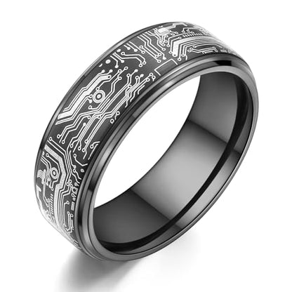 Tungsten Ring 8mm Computer Circuit Pattern Ring Black/Gold/Silver Tungsten Carbide Wedding Band for Men Comfort Fit - color: Black