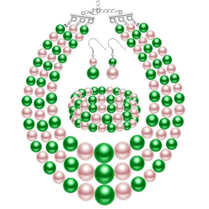 Haysandy Pearl Jewelry Set for Women 20s Jewelry Gift | Retro Layered Necklace Bracelet Earring, Costume Accessories for Derby Wedding Prom Party, Dress Matching Occasions - color: Pink and Green