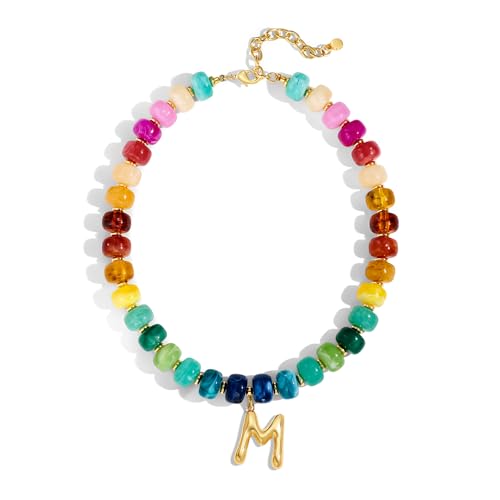 Chunky Beaded Bubble Initial Pendant Necklace Jewelry for Women | Big Large Bead Choker Letter Necklace Summer Beach Beachy Womens Statement Charm Gifts - color: Colorful M