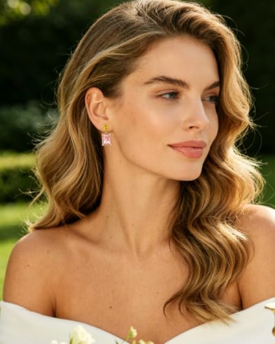 14K Gold Plated Pink Crystal Stud Square Stone Drop Dangle Geometric Earrings for Women Vacation Jewelry - color: Pink and Yellow