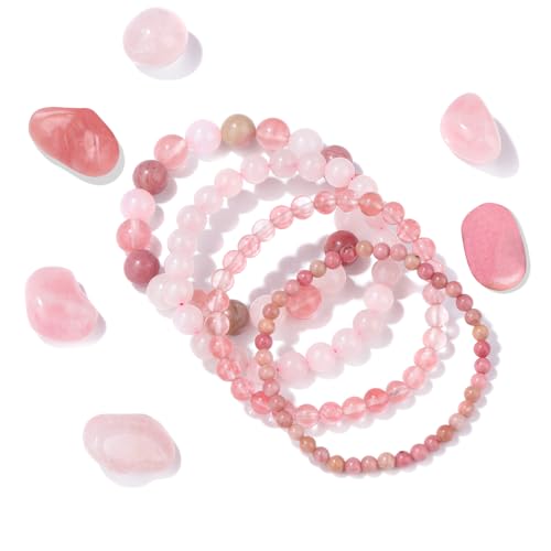 Vinswet 4pcs Beaded Bracelets for Women,Natural Healing Crystal Gemstones Bracelet,Anxiety Stress Relief Bracelet Handmade purple Jewelry Gifts for Women - color: Rhodochrosite&Watermelon crysta&Rose Quartz