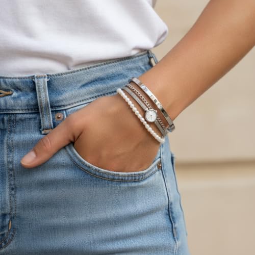 Joo&Rind Gold Bangle Bracelets for Women 18K Gold Plated Stainless Steel Bracelet Oval Hinged Bangles for Small Wrists Non Tarnish Waterproof with Cubic Zirconia Jewelry Gift for Everyday Wear Birthday - color: Small Cleef-Silver