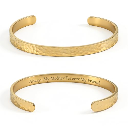 Inspirational Bible Verse Cuff Bracelet for Women, 18K Gold Plated Hammered Bangle, Christian Faith Jewelry Gift, Adjustable Non Tarnish - color: Always My Mother Forever My Friend-Hammered Gold