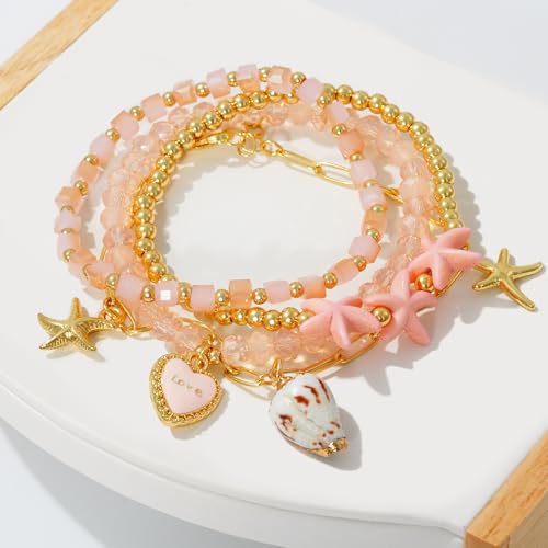 LALAPPLE Shell Bracelet Boho Beaded Stretch Bracelets for Women Seashell Strand Bracelets Starfish Charm Jewelry Summer Beach Jewelry Stackable Crystal Gold Plated Beads Bracelet for Women - style: T-Style4