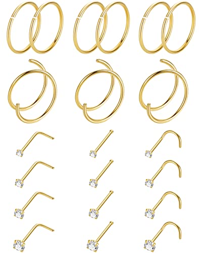 21PCS 18G 20G 22G 316L Stainless Steel Nose Rings Hoop for Women Men Double Nose Ring CZ Nose Stud Piercing Jewelry - color: 18G-Gold tone