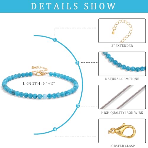 Natural Stone Beaded Anklets for Women, Handmade Boho Clear Quartz 4mm Crystal Beads Anklet, Gold Chain Adjustable Ankles Bracelet, Beach Summer Jewelry Gemstone Foot Bracelet Gift - color: Apatite
