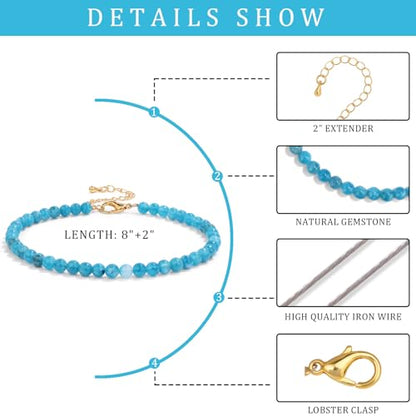 Natural Stone Beaded Anklets for Women, Handmade Boho Clear Quartz 4mm Crystal Beads Anklet, Gold Chain Adjustable Ankles Bracelet, Beach Summer Jewelry Gemstone Foot Bracelet Gift - color: Apatite