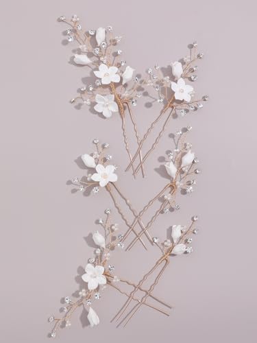 Rhinestone Pearl Hair Pins, 6 Pcs 3D Pinch White Flower Bridal Handmade Sparkling Fairy Bride Wedding Hair Pieces Leaf U Shaped Hair Accessories Headpiece Bridesmaids Women Girls Gold - color: Gold / Rhinestone White Flower