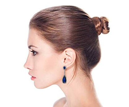 Long Cocktail CZ Halo Teardrop Chandelier Clip On Earrings Silver Plated - color: Blue