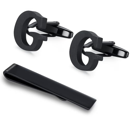 HONEY BEAR Black Initial Letter Round Cufflinks Tie Clip Set for Men | Wedding Business, Tarnish-Resistant, Steel-Plated Copper Base, Gift Box, for Groomsmen, Father, Husband, Anniversary, Formal - style: G