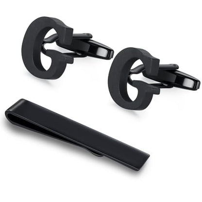 HONEY BEAR Black Initial Letter Round Cufflinks Tie Clip Set for Men | Wedding Business, Tarnish-Resistant, Steel-Plated Copper Base, Gift Box, for Groomsmen, Father, Husband, Anniversary, Formal - style: G