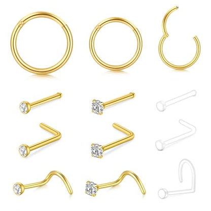 20G Nose Rings Hoops Studs, Stainless Steel Round CZ L Shaped Nose Screw Straight Studs, Hypoallergenic Diamond Double Nose Hoops, Clear Nose Rings For Women Men Nostril Piercing Jewelry - color: Gold 9 Studs + 3 Hoops
