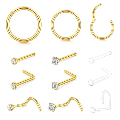 20G Nose Rings Hoops Studs, Stainless Steel Round CZ L Shaped Nose Screw Straight Studs, Hypoallergenic Diamond Double Nose Hoops, Clear Nose Rings For Women Men Nostril Piercing Jewelry - color: Gold 9 Studs + 3 Hoops
