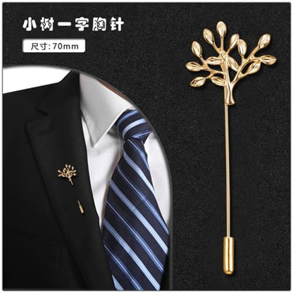 Dreuyet Simple Gold Silver Plated Long Brooch Pins with Cute Animal Antlers Leaves Plant Bees Rabbits Rose Flower Feather Brooch Jewelry for Women Men Elegant Suit Collar Lapel Pin - style: Tree