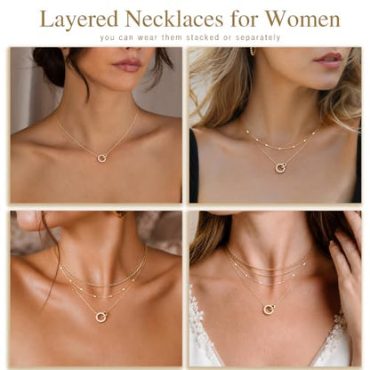 WomenGifts Layered Gold Necklaces for Women, 14K Gold Sterling Silver Plated Dainty Pendant Necklace Set Non Tarnish, Chunky Stackable Cuban Chain Choker, Trendy Birthstone Vacation Jewelry Gift - color: Gold, style: Double Circle