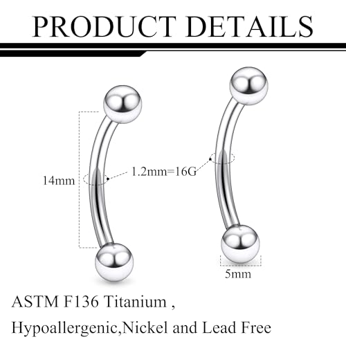 20g 18g 16g 14g Rook Piercing Jewelry Titanium Externally Threaded Curved Barbell Eyebrow Tragus Helix Conch Lobe Labret Earrings Lip Rings Body Piercing Jewelry For Women Men Ball Spike 6mm-19mm - size: 16G - 14mm Ball