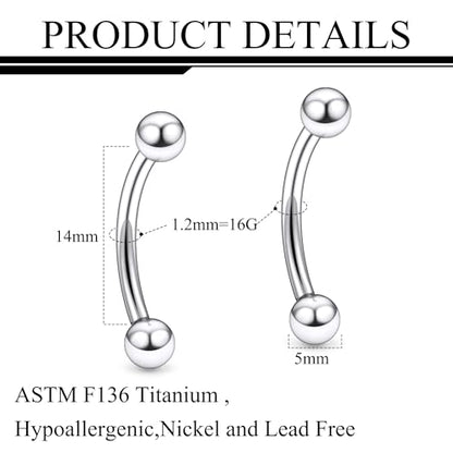 20g 18g 16g 14g Rook Piercing Jewelry Titanium Externally Threaded Curved Barbell Eyebrow Tragus Helix Conch Lobe Labret Earrings Lip Rings Body Piercing Jewelry For Women Men Ball Spike 6mm-19mm - size: 16G - 14mm Ball