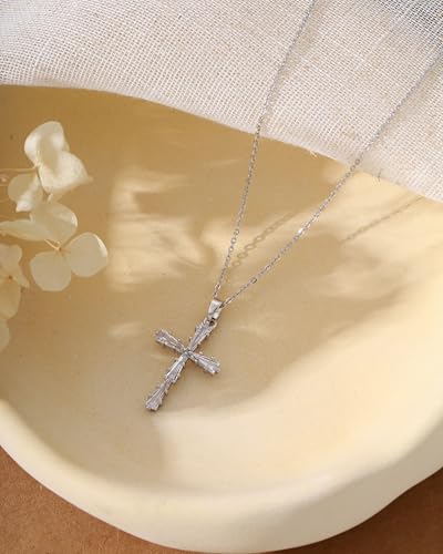 Cross Necklace for Women, 14K Gold Plated Cubic Zirconia Cross Pendant Necklace, Trendy Christian Jewelry Gifts for Baptism First Communion Christmas - color: Style A - Silver