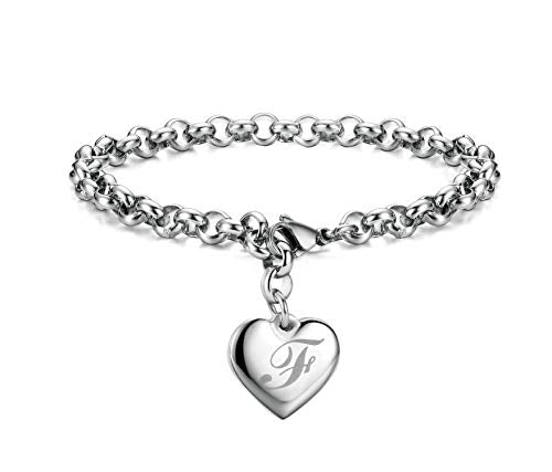Monily Birthday Gifts for Women Initial Charm Bracelets for Women Letters Alphabet Heart Bracelet for Women - color: F: Heart