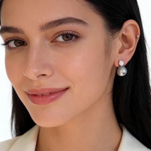 Faux Pearl Cubic Zirconia Stud Earrings, Hypoallergenic Lightweight Round Pearl Studs for Women - color: Blueish Silver, size: Pearl 12mm-CZ 6mm