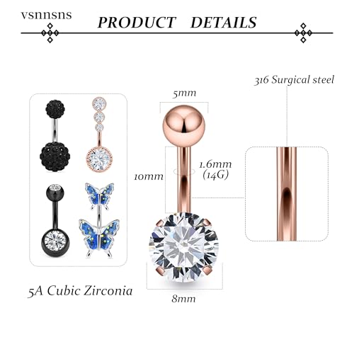 Vsnnsns 14G Belly Button Ring Piercing Jewelry 316L Stainless Surgical Steel Heart CZ Pearl Butterfly Flower Navel Rings Dangle Belly Button Ring Navel Piercing Jewelry for Women Men Hypoallergenic - color: Black&Rose Gold B