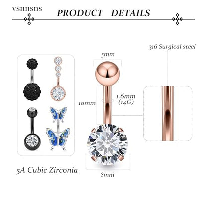Vsnnsns 14G Belly Button Ring Piercing Jewelry 316L Stainless Surgical Steel Heart CZ Pearl Butterfly Flower Navel Rings Dangle Belly Button Ring Navel Piercing Jewelry for Women Men Hypoallergenic - color: Black&Rose Gold B