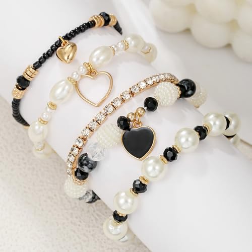 Bohemian Multilayered Faux Pearl Beaded Heart Pendant Crystal Zircon Stackable Multicolor Bracelets Set for Women Handmade Friendship Summer Beach Stretch Bangle Jewelry - color: black